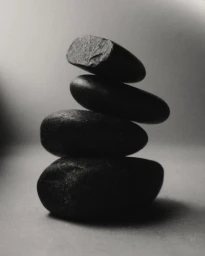 Balanced stack of four dark rounded stones photographed in monochrome by Daniel Goode