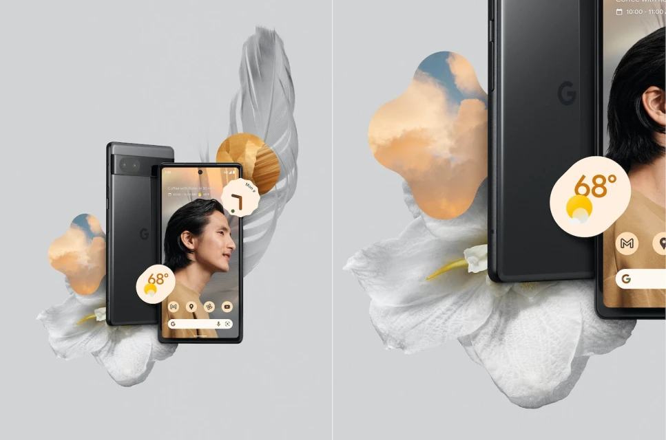 Two Google Pixel phones float among white flowers and paper shapes on a grey background showcasing technology and minimalist design.