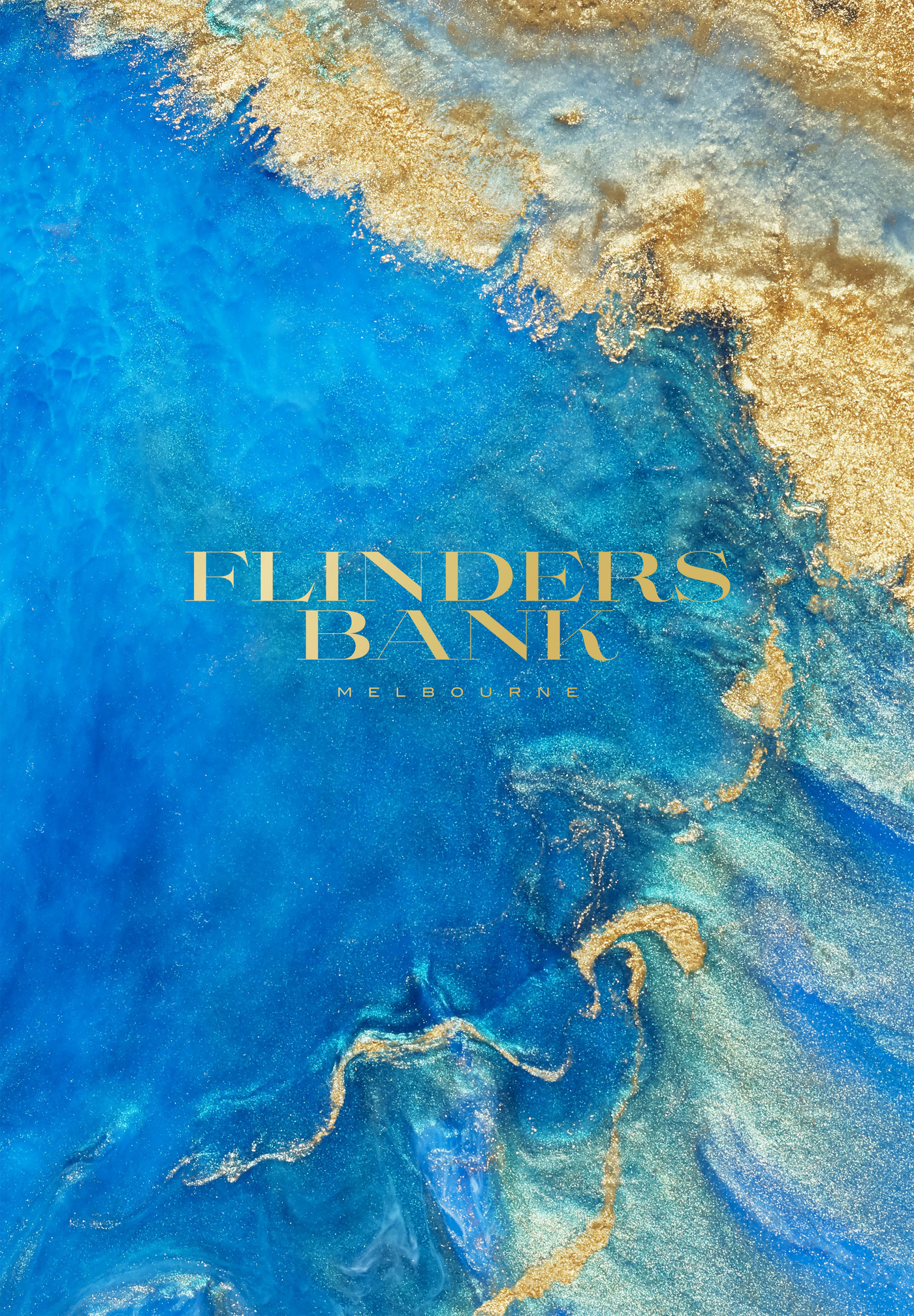 Abstract fluid art with blue and gold tones creating a swirling, textured pattern resembling an aerial view of water and land.