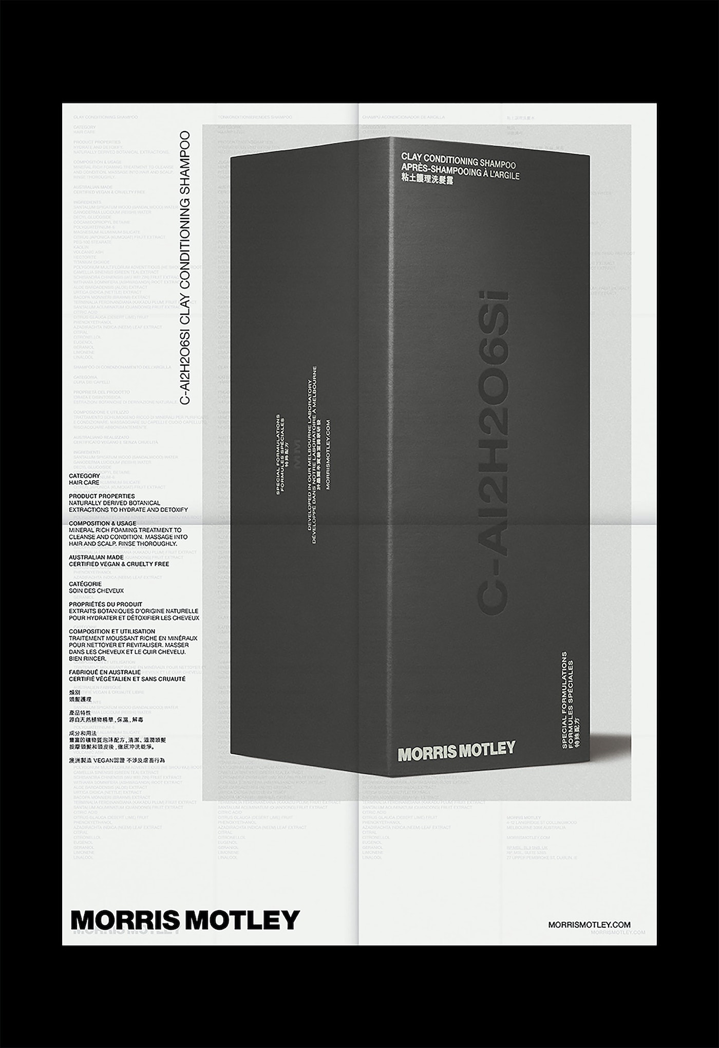 Morris Motley clay conditioning shampoo in packaging against a white paper backdrop with visible typography and studio lighting.