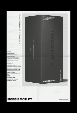 Morris Motley clay conditioning shampoo in packaging against a white paper backdrop with visible typography and studio lighting.