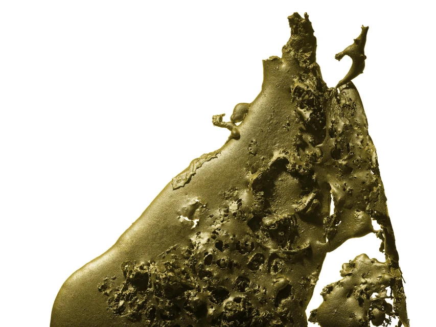 Abstract gold material with a textured, porous surface, highlighted by bright lighting and set against a stark white background.