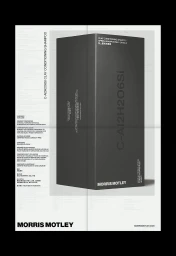 Monochrome product poster featuring a dark grey box with white typography and detailed text columns on a folded paper background
