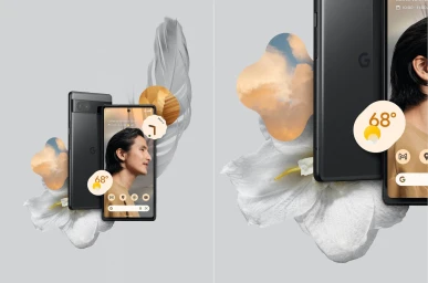 Split view product photography of black smartphones surrounded by white flowers and floating UI widget graphics against a grey background.