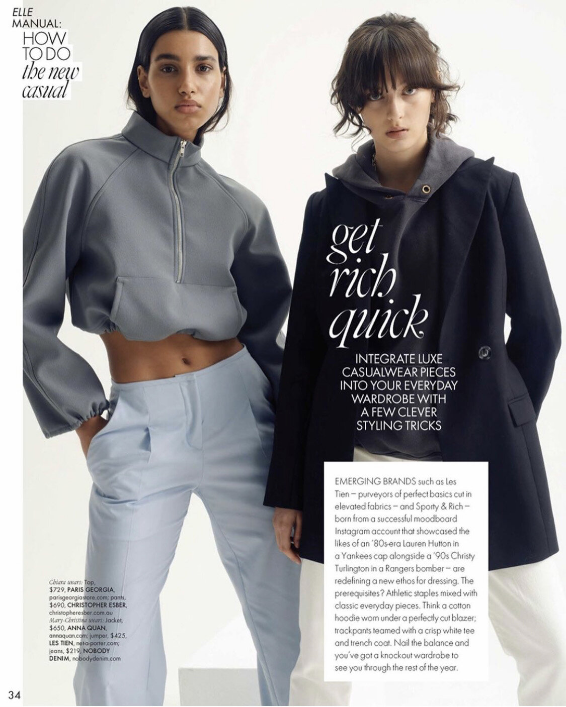 Two fashion models pose in a studio setting, showcasing casual yet stylish outfits from a magazine spread featuring an athletic-inspired top and a blazer.
