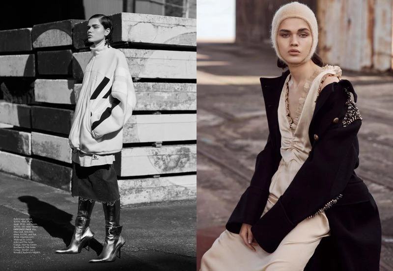 Two women are posing in outdoor urban settings, one in a white jacket with silver boots, the other in a black coat and cream hat.