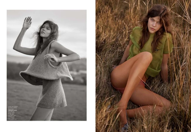 A woman posing in a grassy field wearing a green top styled by Naomi Smith in Sydney.
