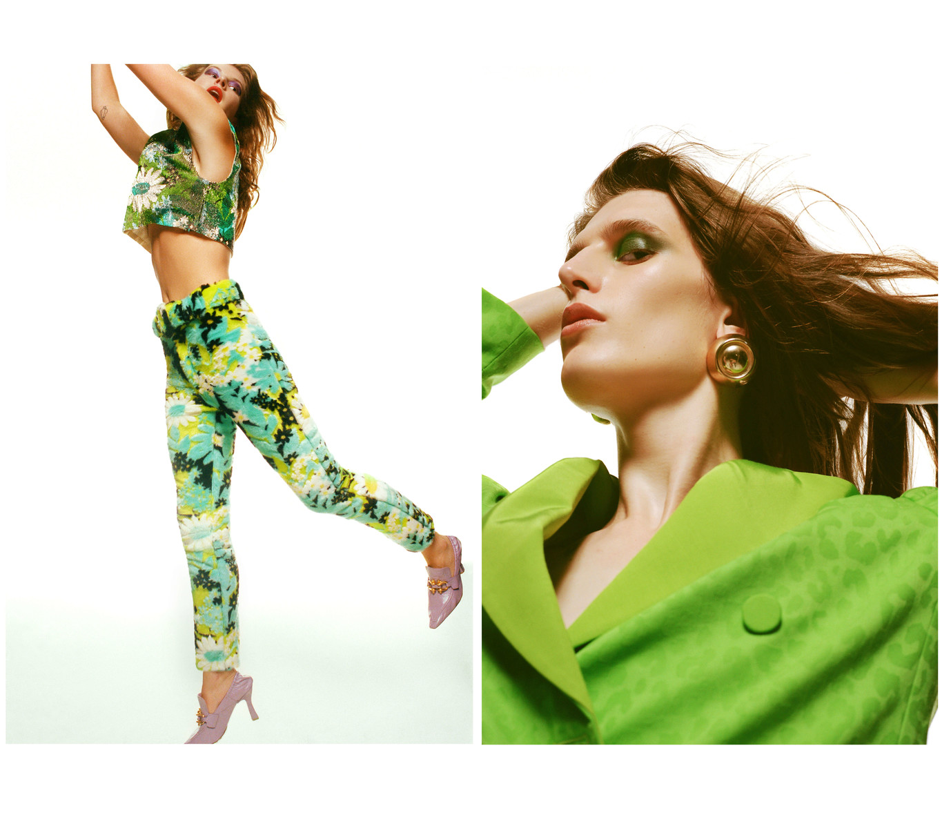 Model in green floral top and matching pants posing beside a close-up portrait wearing a bright green blazer and earrings