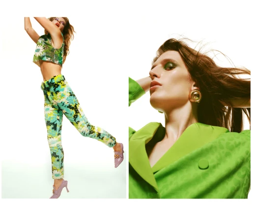 Model in green floral top and matching pants posing beside a close-up portrait wearing a bright green blazer and earrings