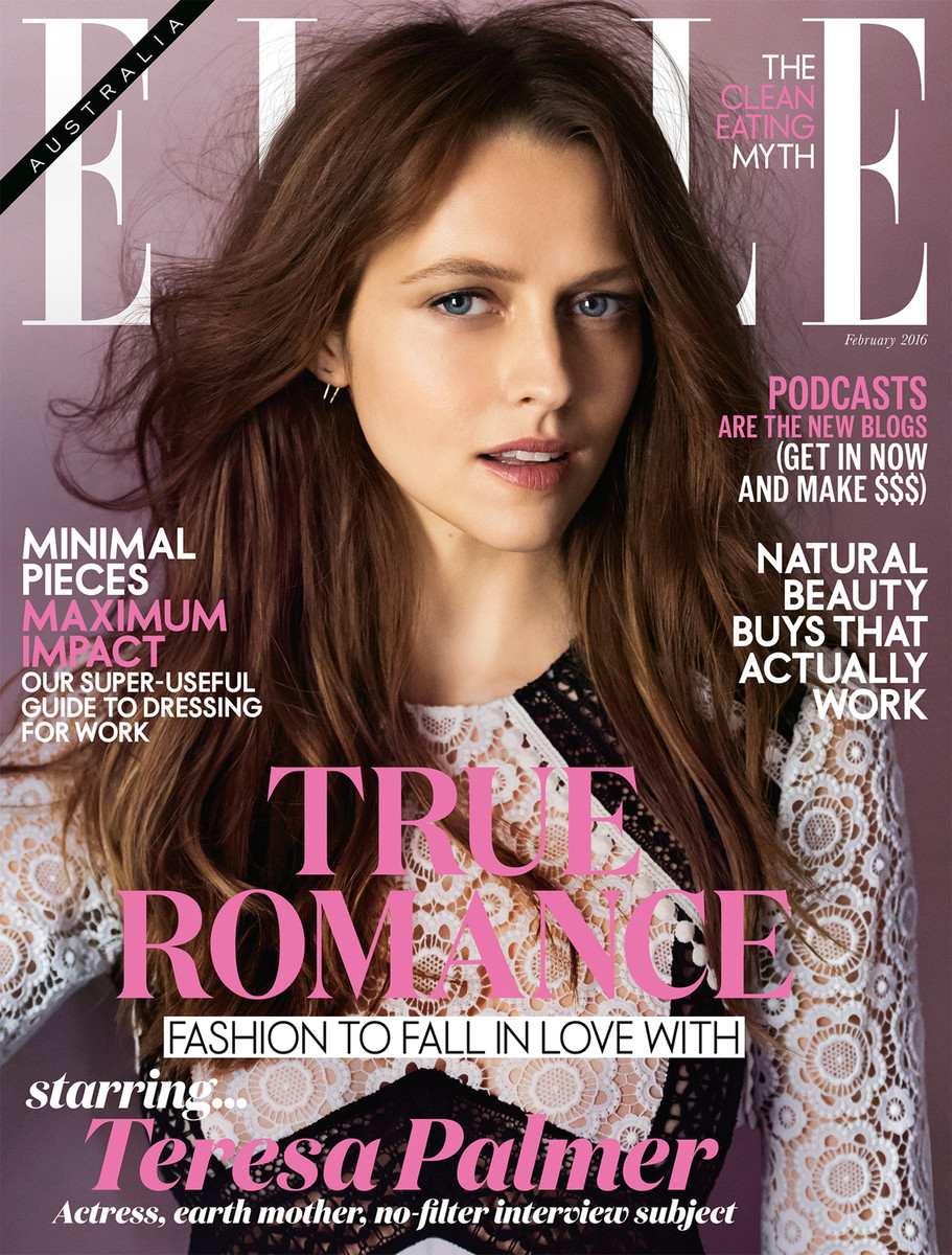 Elle Australia magazine cover featuring a portrait of actress Teresa Palmer with fashion and beauty headlines against a purple gradient background.