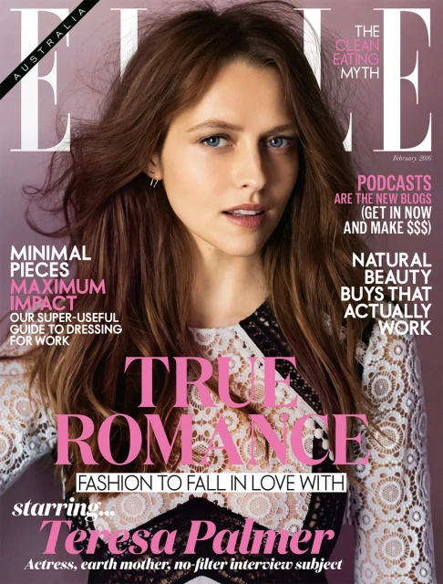 Elle Australia magazine cover featuring a portrait of actress Teresa Palmer with fashion and beauty headlines against a purple gradient background.