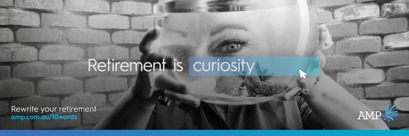 Black and white image of a woman's face behind glass, with the text 'Retirement is curiosity' overlaid on a brick wall background.
