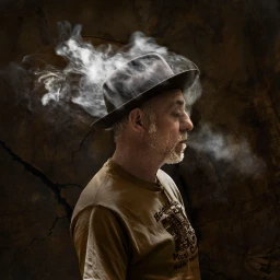 Man wearing a fedora hat and t-shirt in profile, with smoke swirling around his head against a dark textured background.