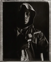 Portrait of a man in a hooded top holding a handgun in low-key lighting by Stephen Dupont