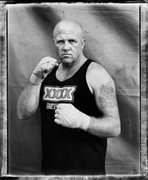 Monochrome portrait of a bald man with hand wraps and a printed tank top posing by photographer Stephen Dupont.