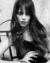 Monochrome portrait of a woman with dark hair and bangs, wearing dark eye makeup, seated outdoors against a textured concrete wall.