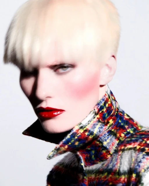 Close-up portrait of a fair-skinned adult wearing a patterned tweed jacket and bold red lipstick against a stark white backdrop.