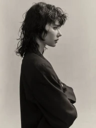 Profile portrait of a woman with dark curly hair wearing a blazer against a neutral backdrop, hair styled by Michele McQuillan.