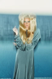 Model with voluminous blonde hair and green eye makeup wearing a long grey satin dress against a textured blue background
