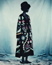 Model wearing a black coat with colorful embroidered floral patterns and a large hat against a textured backdrop