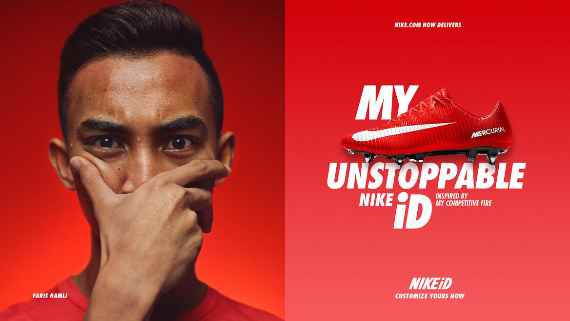 Promotional image featuring a soccer player partially covering his face and a red Nike soccer shoe with the text 'My Unstoppable Nike ID'.