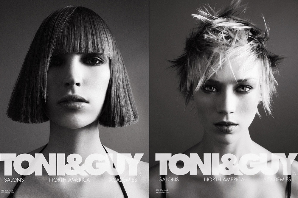 Two black and white portraits of women showcasing different hairstyles by Toni & Guy Salons, North America, and Academies.