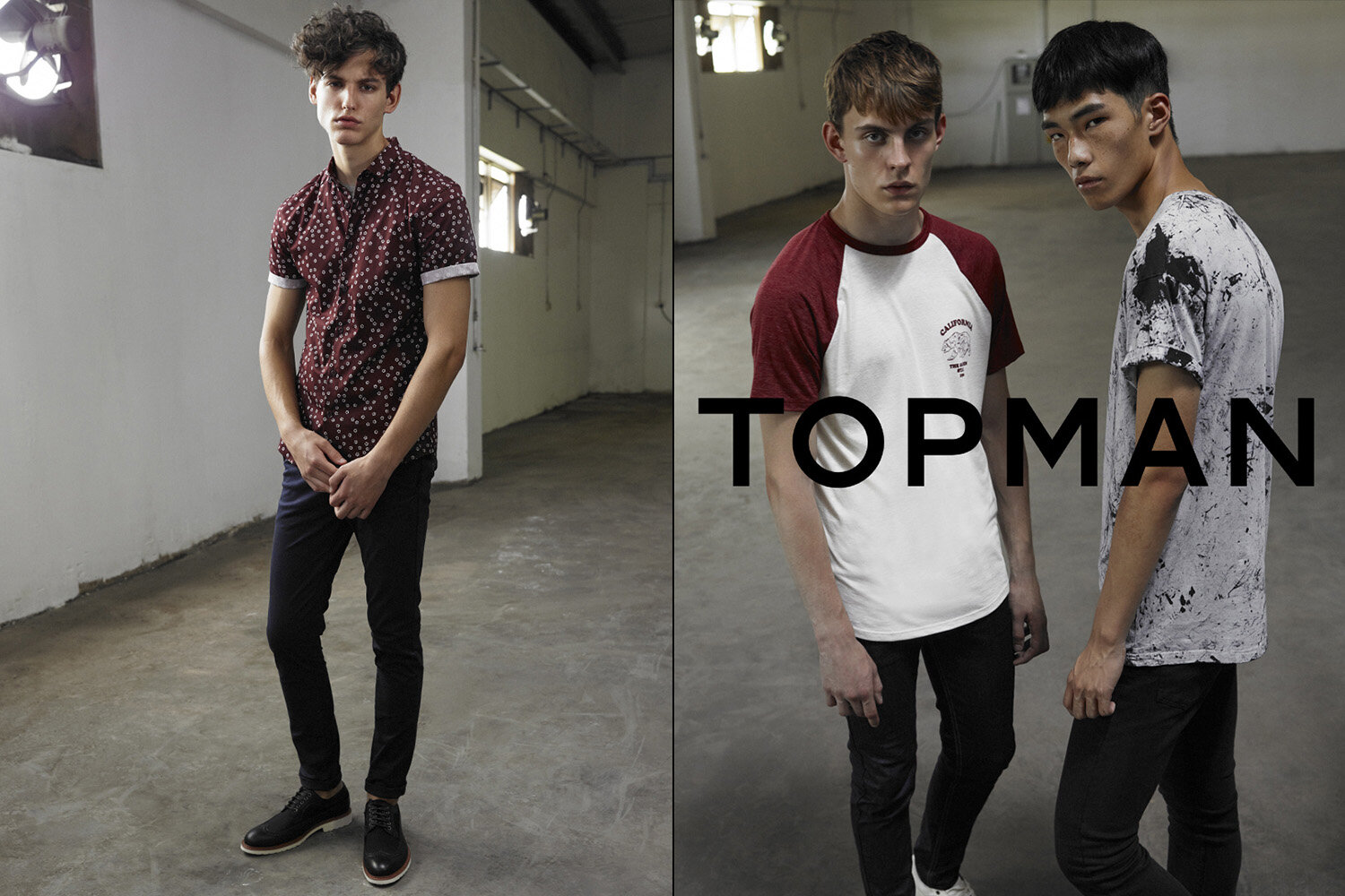 Three male fashion models pose in a sparsely furnished studio wearing casual apparel. Two models are in frame right near a Topman logo.