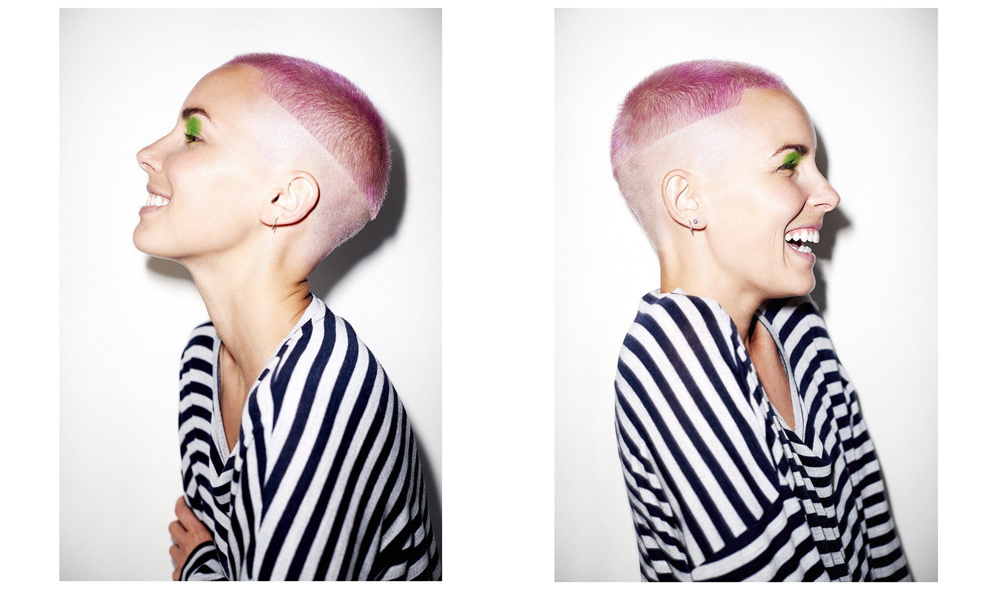 Smiling woman in striped top with pink hair and green eyeshadow against a white background in a side profile and portrait split.