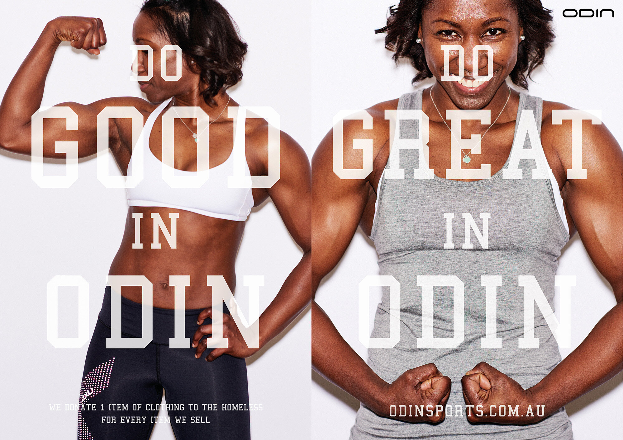 Two female athletes flexing biceps, wearing sportswear against a white background, promoting Odin brand with superimposed text and website.