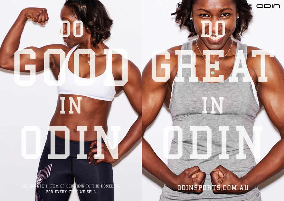 Two female athletes flexing biceps, wearing sportswear against a white background, promoting Odin brand with superimposed text and website.