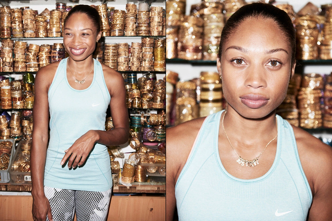 Black woman wearing a light blue sports tank top and patterned leggings standing before shelves filled with gold bangles.