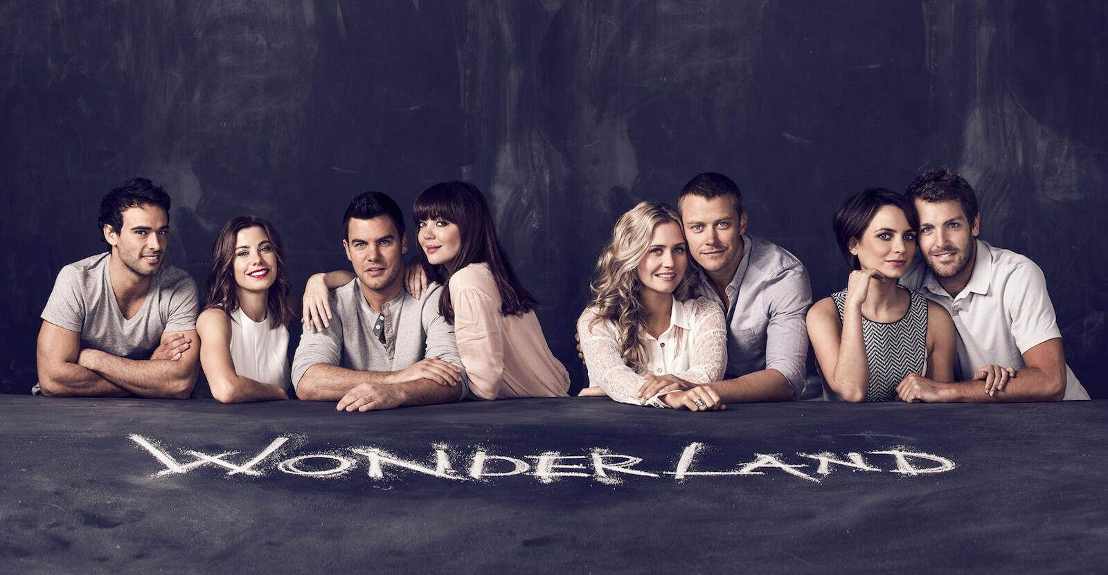 Group of smiling young adult men and women posing behind a table against a dark background with the word 'Wonderland' written in chalk.