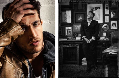 Diptych portrait by Peter Brew Bevan featuring a close-up of a man in a brown leather jacket and an older man in a study.