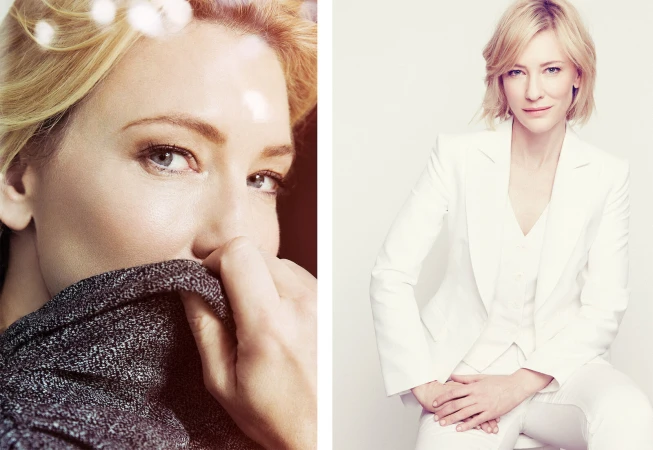 Portrait of actress Cate Blanchett wearing a white suit and jacket against a plain light background by Peter Brew Bevan