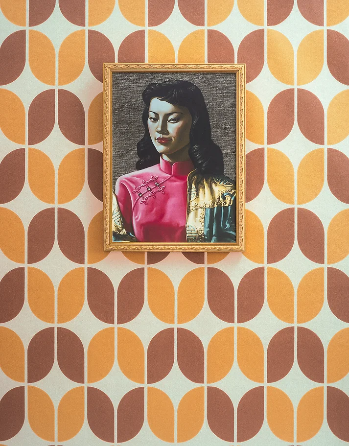 Portrait art of a woman wearing a pink dress with a gold shawl, displayed against a retro-patterned wallpaper background, indoors.