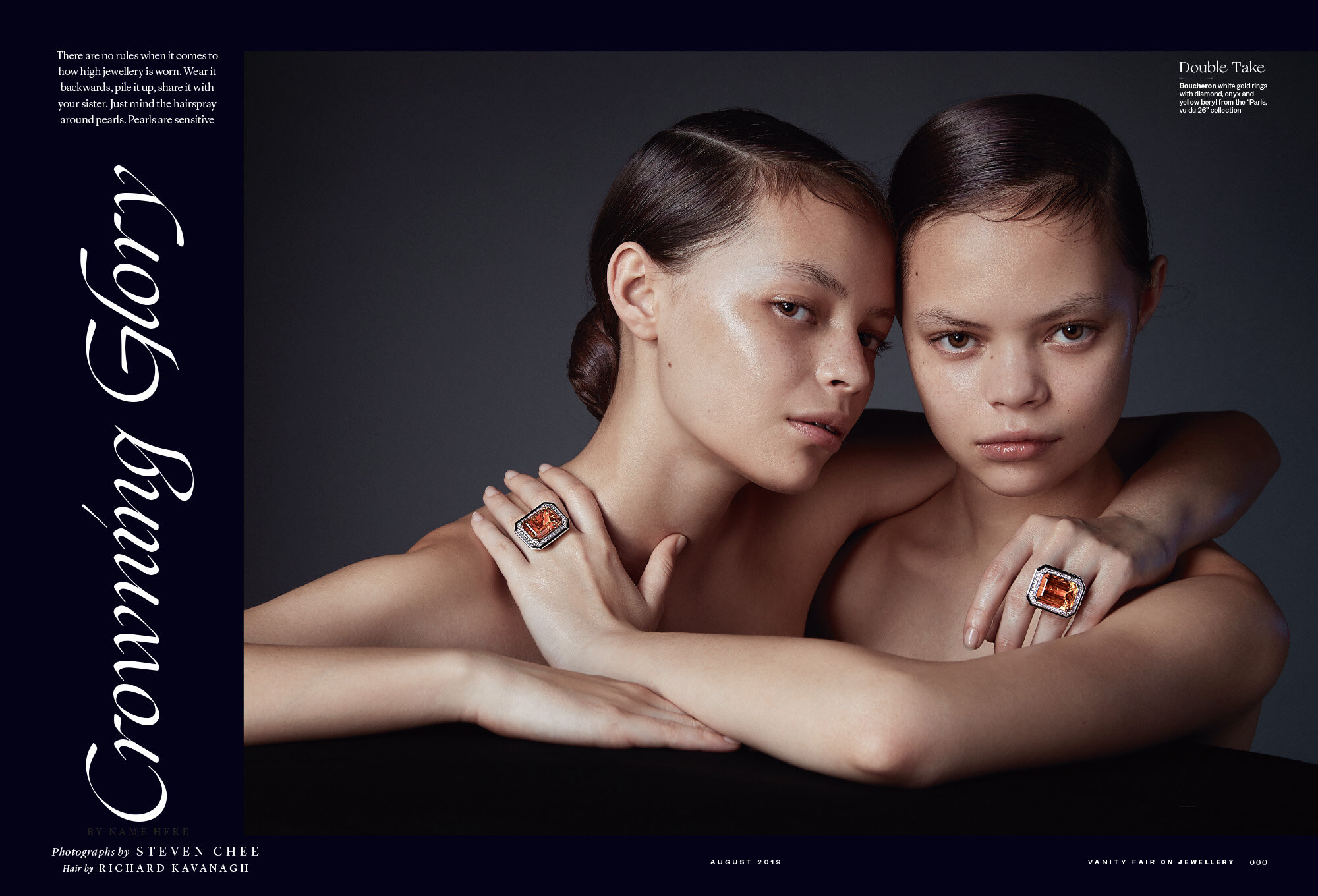 Glamorous fashion shot featuring two young adult women posing with jewelry rings, highlighting beauty and style in a studio setting.