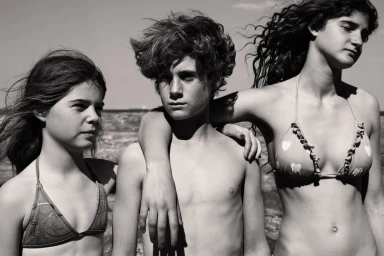 Three young people standing together outdoors against a bright sky, photographed in high-contrast monochrome.