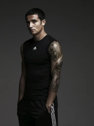 Man wearing a black sleeveless athletic top with extensive tribal arm tattoos standing against a grey background.