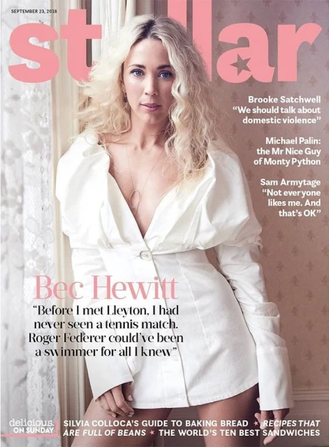 Magazine cover featuring Bec Hewitt in white dress, posing in front of a window with natural light. Stellar magazine, fashion editorial.