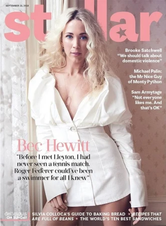 Magazine cover featuring Bec Hewitt in white dress, posing in front of a window with natural light. Stellar magazine, fashion editorial.