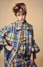 Model with short tousled hair wearing a vibrant blue and yellow plaid jacket and matching dress against a plain tan backdrop.