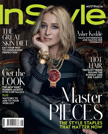 InStyle Australia magazine cover featuring Asher Keddie, adorned with statement jewelry, set against a dark, floral background.