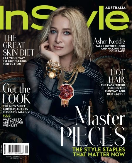 InStyle Australia magazine cover featuring Asher Keddie, adorned with statement jewelry, set against a dark, floral background.