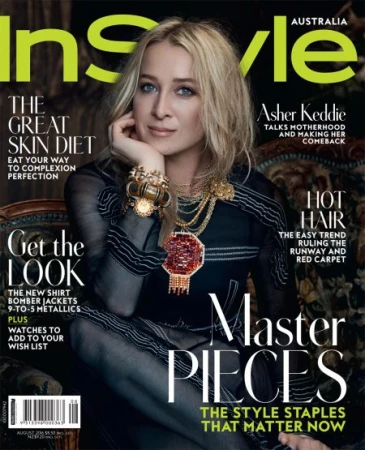 InStyle Australia magazine cover featuring Asher Keddie, adorned with statement jewelry, set against a dark, floral background.