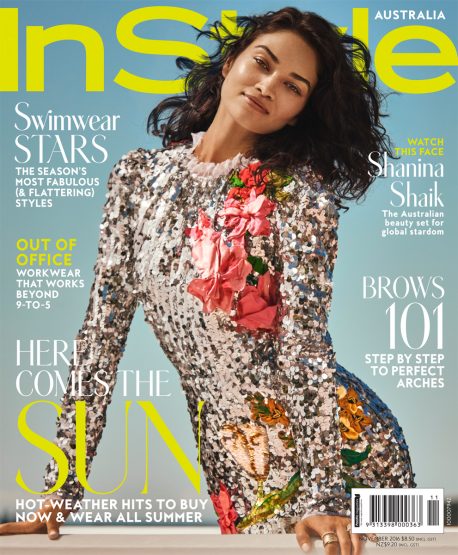 Magazine cover featuring model Shanina Shaik in a floral sequin dress with 'InStyle Australia' masthead, promoting articles on fashion and beauty.