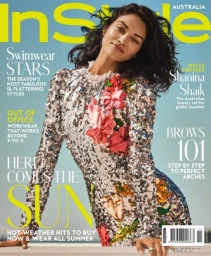 Shanina Shaik in a sequined floral dress on an InStyle Australia magazine cover styled by Peter Beckett