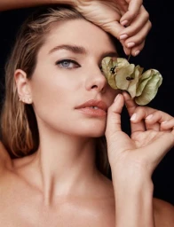 Close up portrait of a woman holding small dried flowers near her face against a dark background, styled by Peter Beckett