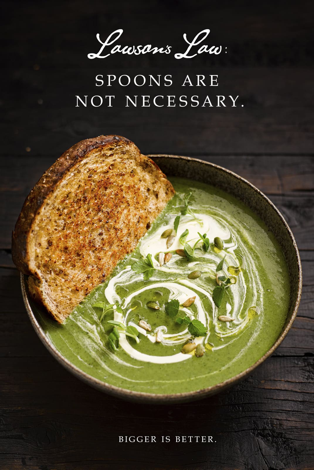 Overhead shot of green soup with a slice of toasted bread resting on the bowl, set against a dark wood surface, in a food photography style.