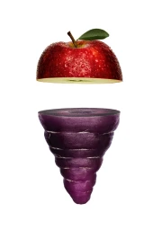 A halved red apple floating above a vertically sliced purple onion on a plain white background
