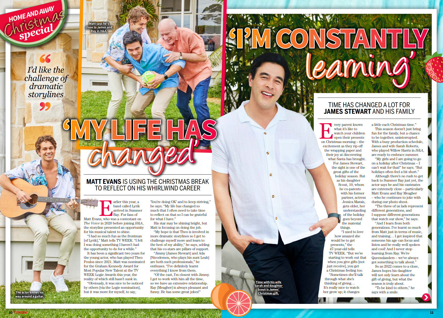 Magazine shot of Matt Evans and James Stewart from Home and Away, along with other members of the cast in different settings.